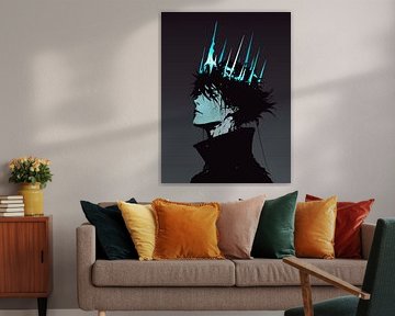Dark Anime King Wall Art – Gothic Male Portrait with Blue Crown Modern Print by Ramy Salah Hefny