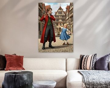 Man Playing Flute in Town Square with Dancing Girl and Other Figures