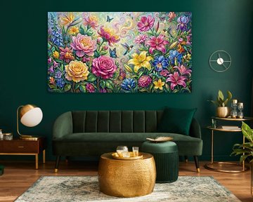Floral Painting with Butterflies and Hummingbirds