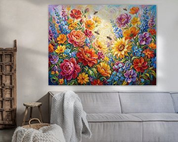 Oil Painting of Flowers and Bees