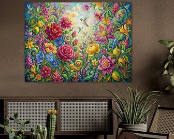 Floral Painting with Flowers, Fruits, Foliage, and Hummingbirds