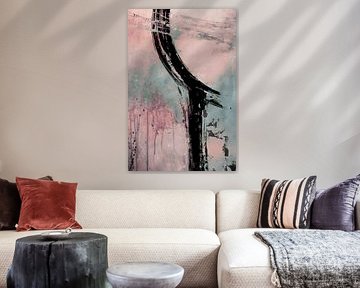 Abstrakte Pinselstrich-Malerei in Rosa, Mint & Schwarz - Moderne Wandkunst von Ela Szczepaniak