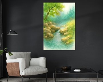 Landschap met rivier en grote keien (AI) (schilderij, bos, vrijheid, rust, natuur, kabbelend beekje, aquarel, rustgevend, stil, meditatie, zen) van Natalie Bruns