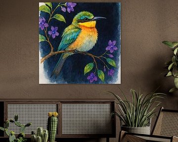 Tropische groene bijeneter vogel op bloeiende tak (AI) (aquarel schilderij, vogelaars, donker, achtergrond, kleurrijk, vrolijk, schattig, mooi, klein, vogel) van Natalie Bruns