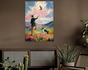 Hunter with flying bird by Niklas Maximilian