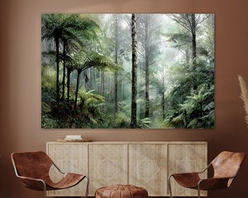 Stimmungsvolle grüne Waldlandschaft in Neuseeland mit großen Baumfarnen