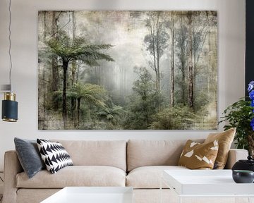 Kunstlandschaft von nebligen Baumfarnen in Neuseeland mit Vintage-Look
