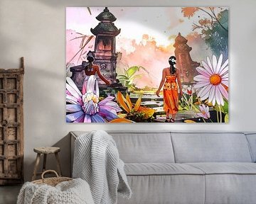 Twee Balinese meisjes gaan een tempel binnen waar Balinese hindoes aanbidden. van Artkreator