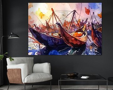 Traditionele boten liggen 's middags voor anker in de drukke haven.