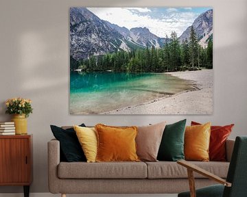 The turquoise-coloured Lago di Braies is nestled quietly between the steep rock faces of the Dolomites. Mirror-smooth water by Miriam Schwarzfischer Fotografie