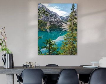 The turquoise-coloured Lago di Braies is nestled quietly between the steep rock faces of the Dolomites. Mirror-smooth water by Miriam Schwarzfischer Fotografie