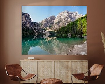 The turquoise-coloured Lago di Braies is nestled quietly between the steep rock faces of the Dolomites. Mirror-smooth water by Miriam Schwarzfischer Fotografie
