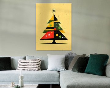 Retro abstracte kerstboomillustratie in geel, groen en rood met grafische vormen