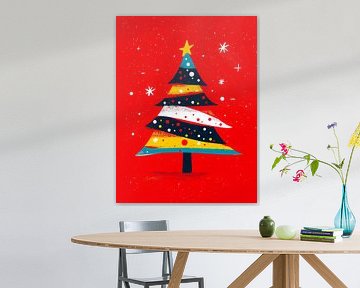 Felle abstracte kerstboomillustratie met kleurrijke strepen op rode achtergrond