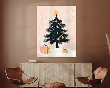 Speelse kerstboomillustratie met warme tinten en cadeautjes in winterse setting