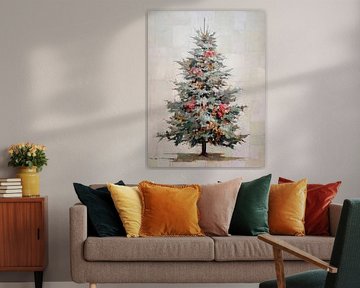Vintage olieverfschilderij van een sfeervolle kerstboom met zachte kleuren