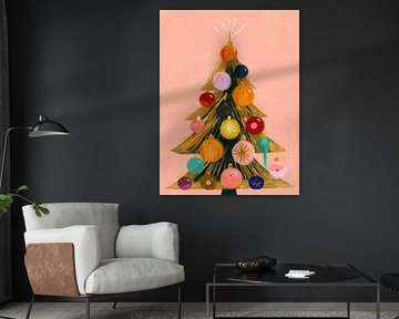 Vrolijke moderne kerstboom met kleurrijke ornamenten