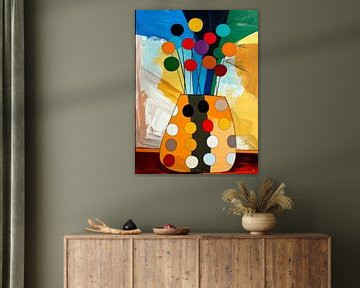 Cheerful abstract painting: Vase with flowers in Pop art style