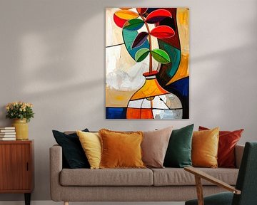 Cheerful abstract still life: Plant in vase in saturated colours