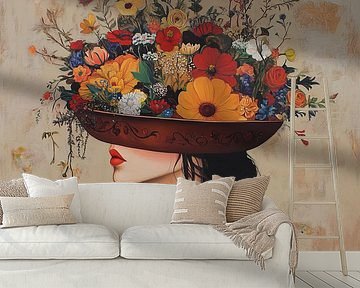 Blumenporträt | Frau mit Hut voller Blumen von Blickfänger Gemälde