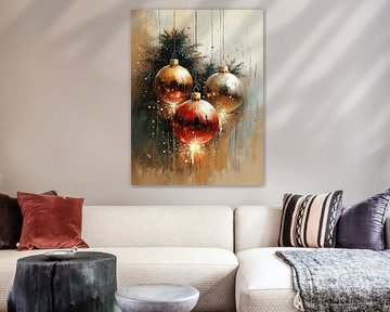 Kerstballen | Drie Kerstballen Dennentak van Abstract Schilderij