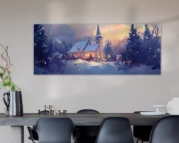 Winterkirche | Verschneite Kirche bei Einbruch der Dunkelheit