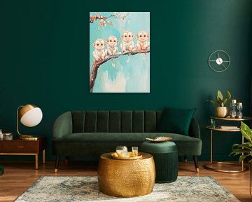 Monkey's on branch | Group of cute monkeys on branch by Eye catching paintings