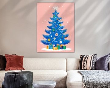 Blauwe kerstboom vol licht en kleur