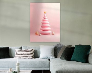 Minimalistische roze kerstboom met gouden ster en zachte pastelballen