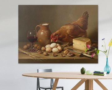 Stillleben mit Huhn und reich gedecktem Tisch von By Marjolein Design