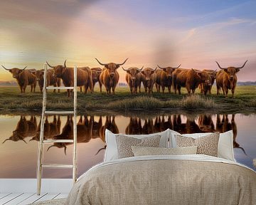 Scottish Highlanders at Sunset, Oil painting