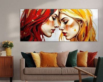 Two women forehead to forehead, eyes closed - a silent ode to tenderness, femininity and the timeless bond between two lovers by AidasignArt
