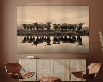 Scottish Highlanders by the Water, Sepia Oil Painting