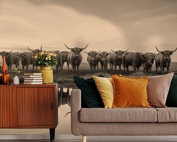 Scottish Highlanders by the Water, Sepia Oil Painting