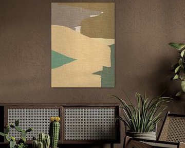 White, taupe, mustard, green. Minimalist abstract in retro style