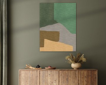 Green, grey, mustard, white. Minimalist abstract in retro style