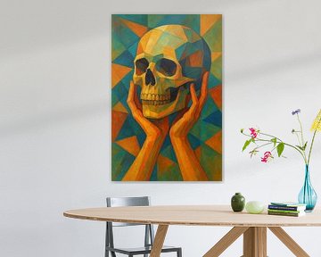 Tenant un crâne dans ses mains, peinture.