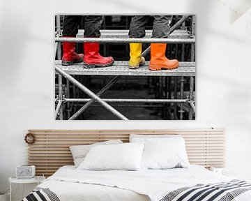 Construction Workers on Scaffolding - Building Site and Craftsmanship