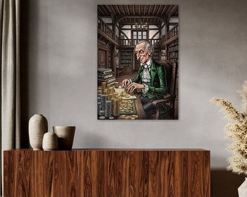 Mens die munten stapelt in bibliotheekillustratie van Markus Gann