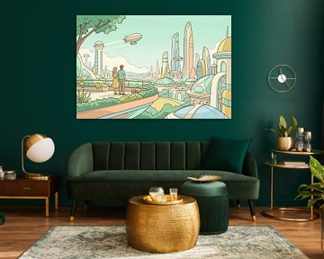 Couple illustré surplombant un paysage urbain futuriste avec un dirigeable sur Markus Gann