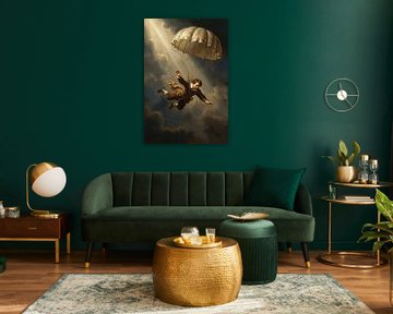 Mann mit Fallschirm absteigend durch Wolken