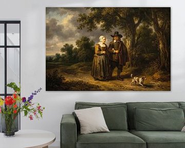 Peinture d'un couple se promenant avec un chien dans un paysage sur Markus Gann