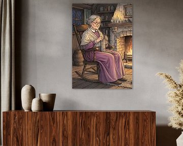 Elderly Woman Knitting in Rocking Chair by Fireplace