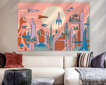 Illustration d'un paysage urbain futuriste avec des vaisseaux spatiaux sur Markus Gann