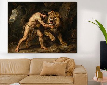 Homme luttant contre un lion dans une grotte, peinture sur Markus Gann