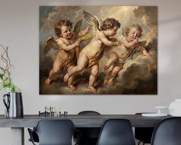 Gemälde von drei Engeln mit Flügeln in Wolken