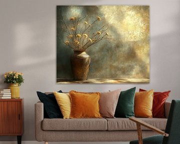 Goldene Blüten auf Teal von Blickfänger Gemälde