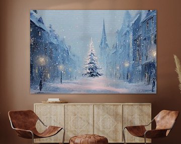 Arbre de Noël sur la place de la ville Chute de neige dans le silence bleu