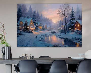 Kerstdorp aan Rivier Warme Lichtjes in Sneeuwval van Eva Lee