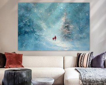 Marche de Noël dans la lumière et la neige Mère et enfant